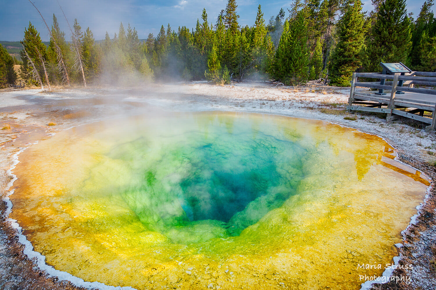 a photo of Morning Glory Pool in Yellowstone's Upper Geyser Basin with part of the boardwalk in the background.