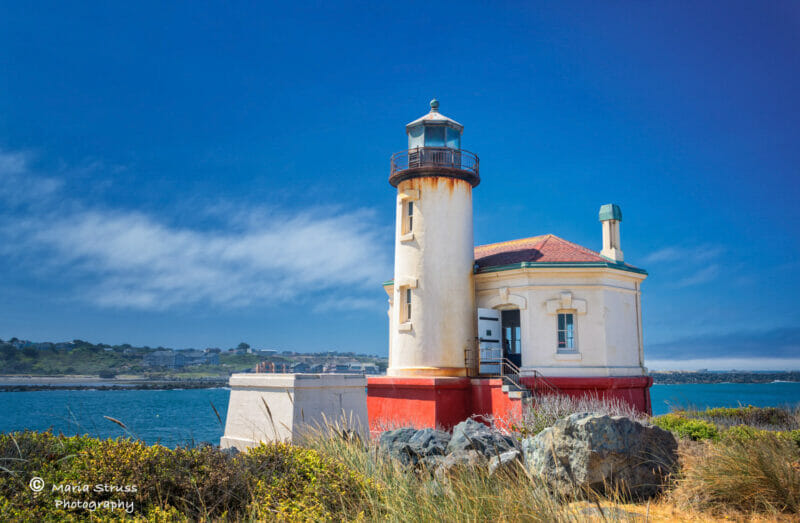 a photo of a side view of the Coquille Lighthouse in Bend, Oregon