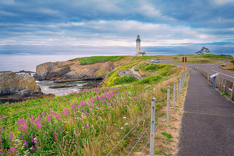 A photo of Yaquina Head Lighthouse and surrounding grounds with early summer wildflowers
