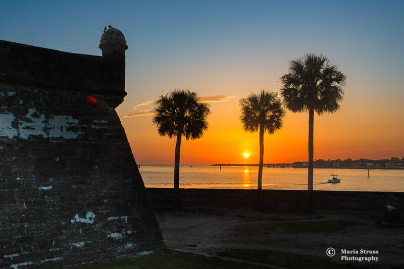 a photo of the Castillo de San Marcos Fort in downtown St. Augustine at sunrise