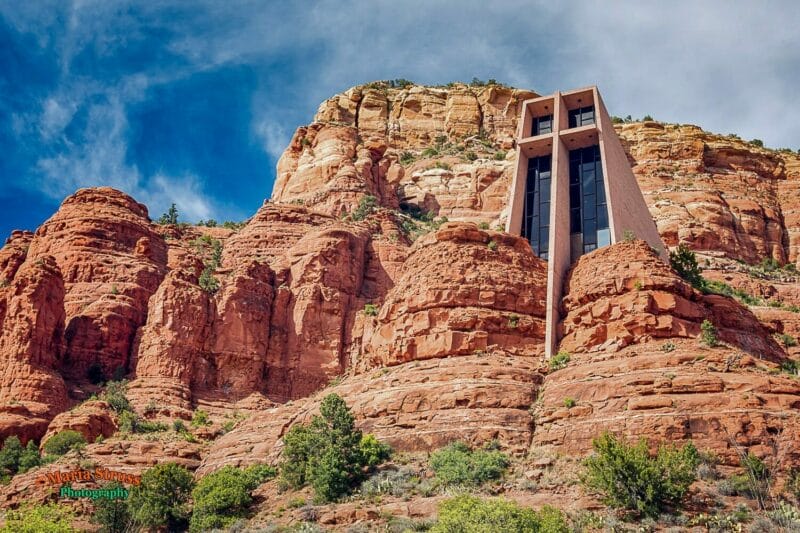 a photo of the Chapel of the Holy Cross in Sedona from the lower parking area.
